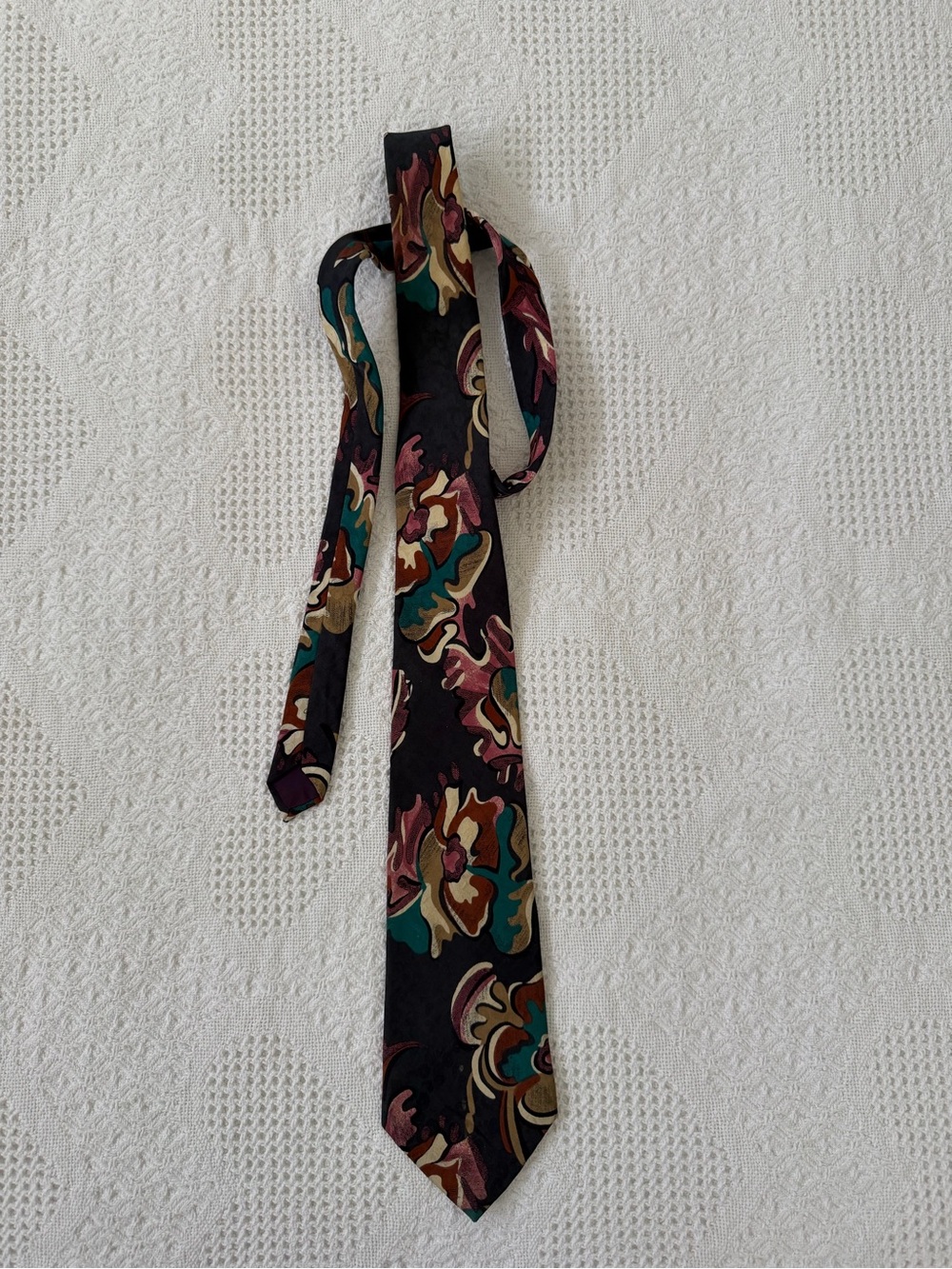 Hardy Amies Black Tie with Teal, Maroon and Gold Floral Motif